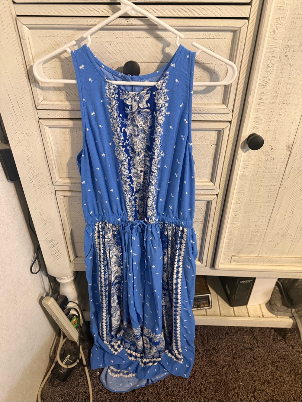 LOFT Blue Sleeveless Maxi Dress with White Floral Embroidery